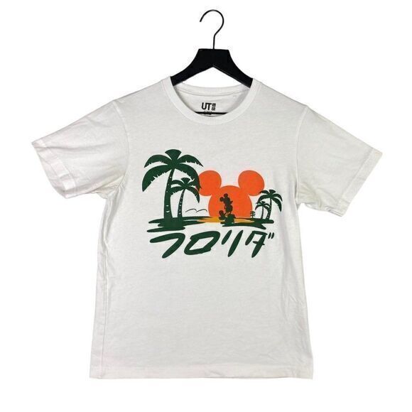 Disney‎ Uniqlo Mickey Mouse Shirt Mens Small Tee Beach Tropical White Short Top - Picture 1 of 9
